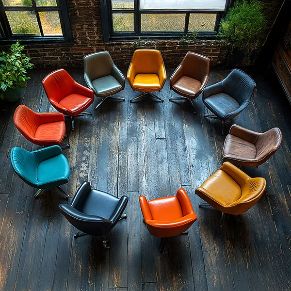 A circle of colourful armchairs in a bright room